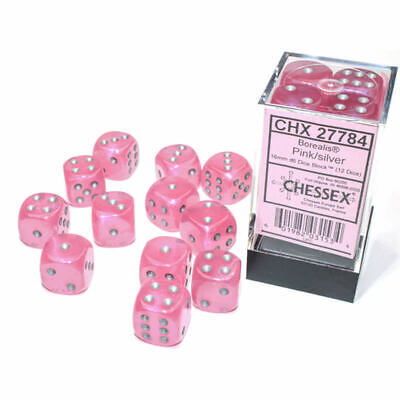 Chessex 12pc D6 Dice Set Borealis Pink/Silver CHX27784 - Pastime Sports & Games