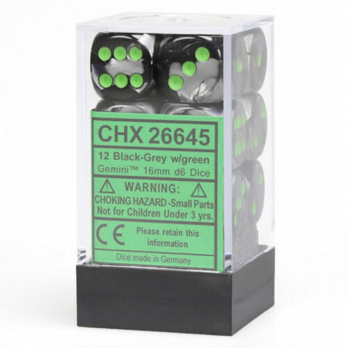 Chessex 12pc D6 Dice Set Gemini Black-Grey/Green CHX26645 - Pastime Sports & Games